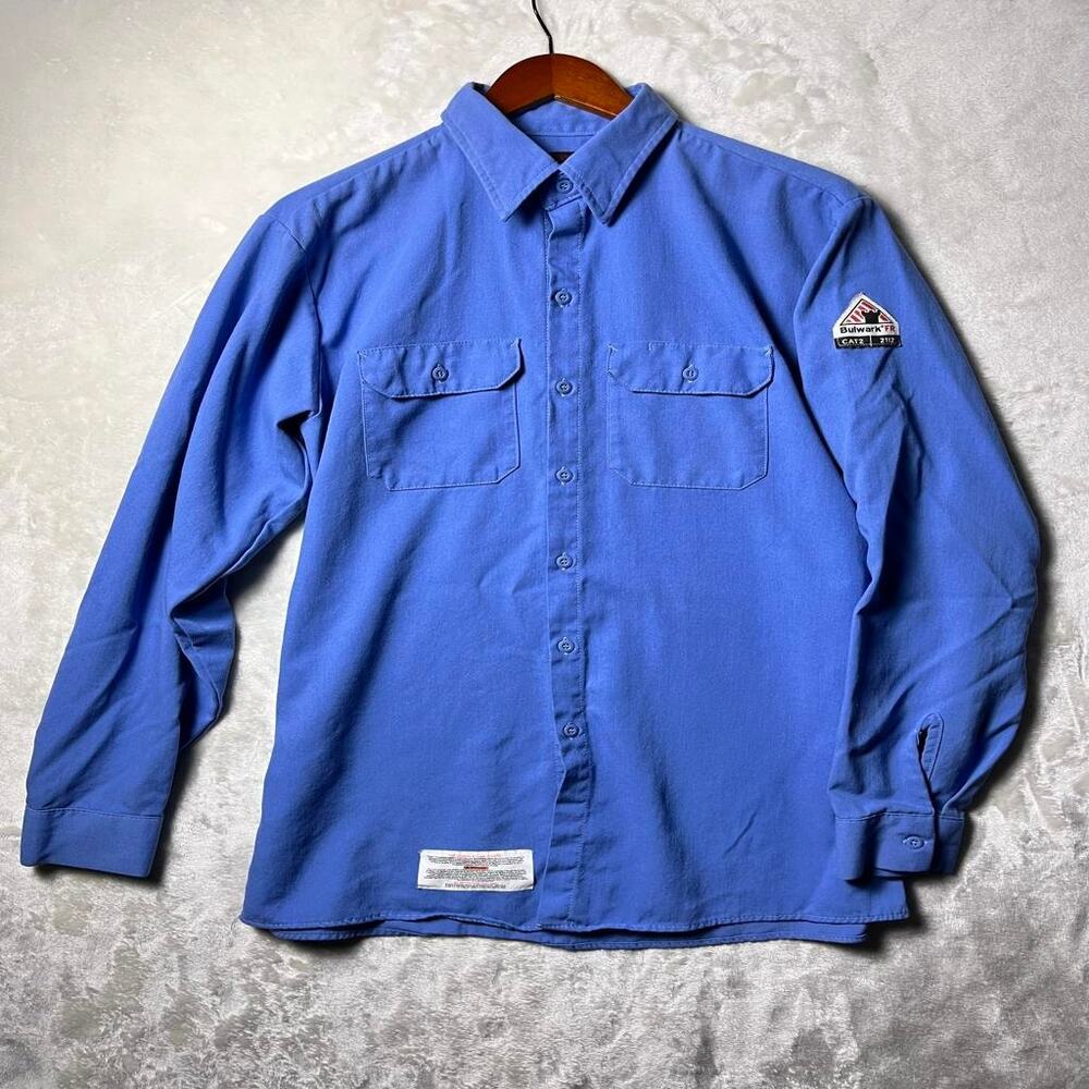 Bulwark FR CAT2 2112 Protective Apparel Mens L Mid Blue Button Up Shirt Workwear
